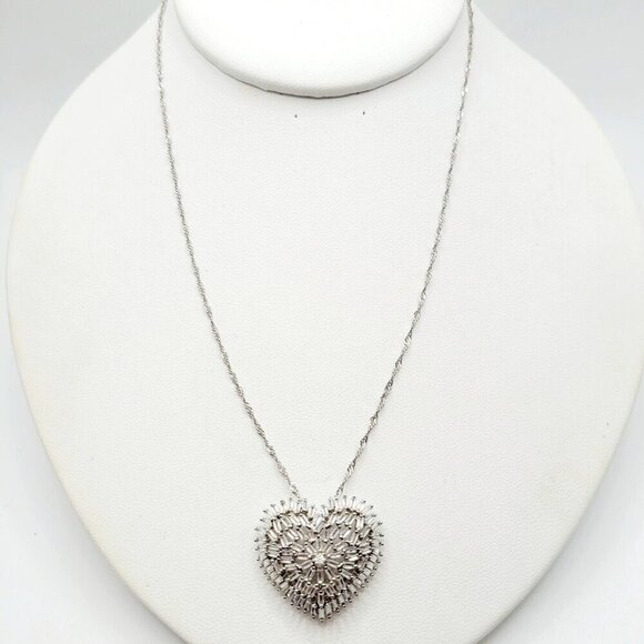 925 Sterling Silver Chain & Heart Pendant Cubic Zirconia Baguettes Prong Set - Picture 5 of 8